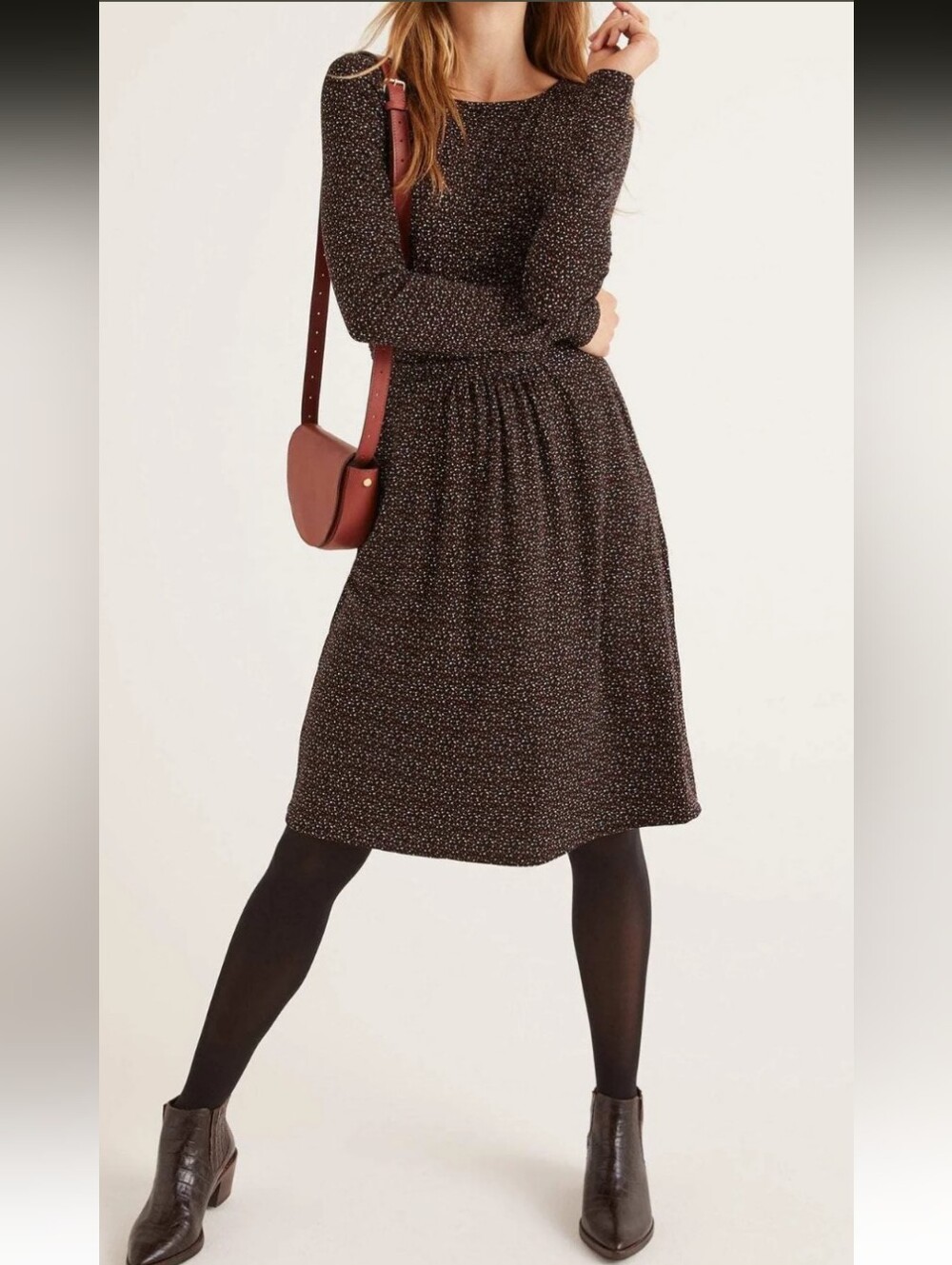 NWOT Boden Abigail Black Confetti Print Long Sleeve Jersey Dress, Size 8P